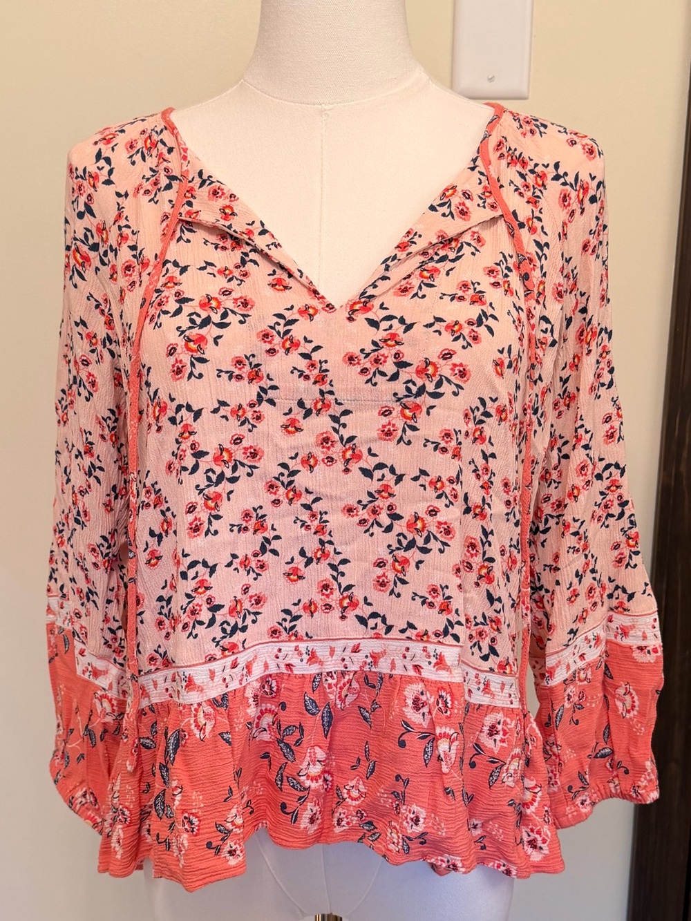 LOFT Beach Coral Pink Floral Peasant Top